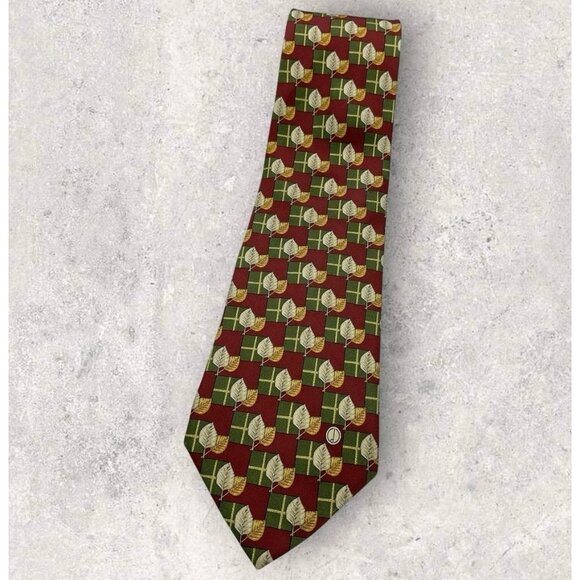 DUNHILL Silk Tie ITALY Brown Green Gold Geometric Leaf W:3.8